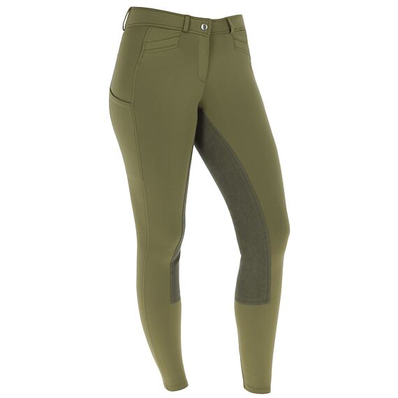 Damskie bryczesy jeździeckie z pełnym skórzanym lejem Covalliero S/S 2024, oliwkowe