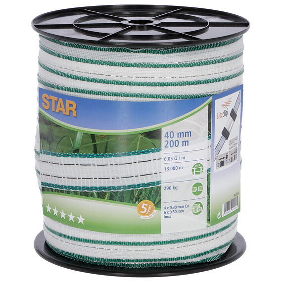 Taśma ogrodzeniowa 40 mm 200 m STAR biała/zielona